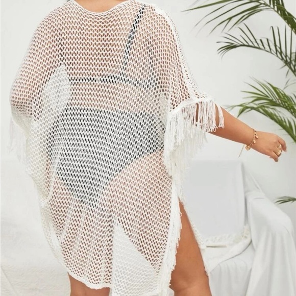 Breezy Knit Fringe Trim Poncho Swimsuit Coverup - Picture 3 of 10